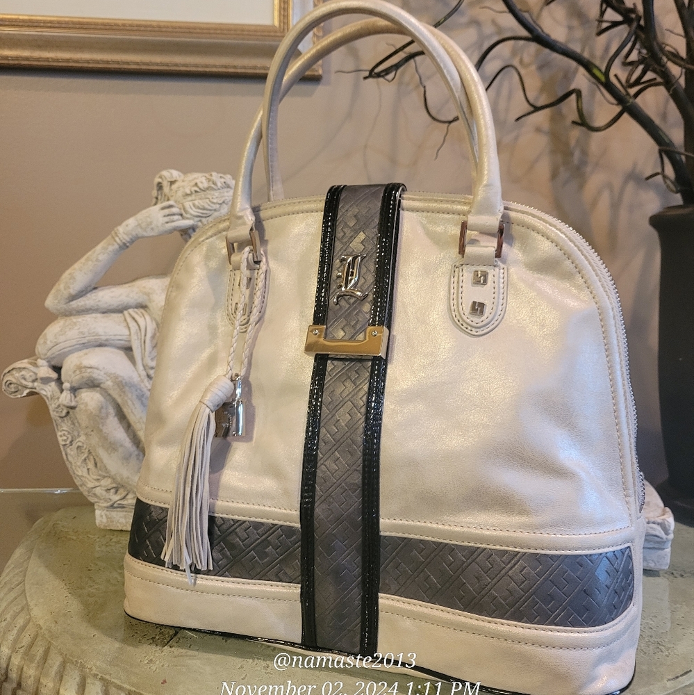 L.A.M.B. Gwen Stefani Frosted Lucca Bag Leather Bowler Dome Satchel Designer #56